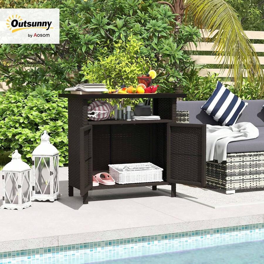 Wicker Outdoor Storage Cabinet, Rattan Bar Table With 2 Doors And Shelf, Buffet Sideboard With Metal Slatted Countertop For Poolside, Patio, Variant 1 - None - View 1