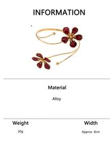 1pc Vintage Burgundy Enamel Floral Open Arm Cuff Bracelet, Dress Decorative Flower Armlet - Burgundy - View 6