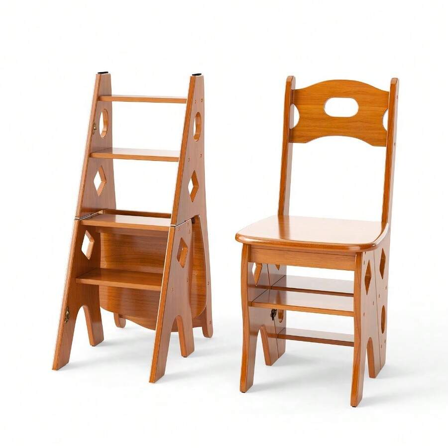 Multipurpose Folding Wooden Library Step Ladder Chair Step High Chair Step Stool - 25B-wIN-uK-4-mISE - View 1