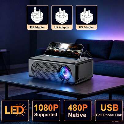 MOMAN 便攜式迷你 LED 投影機，有線 USB 手機螢幕鏡像，無需 WiFi 無線投影，原生 320*240P，1080P 解碼，EU/UK/US 插頭可選，適用於家庭劇院、派對、辦公室