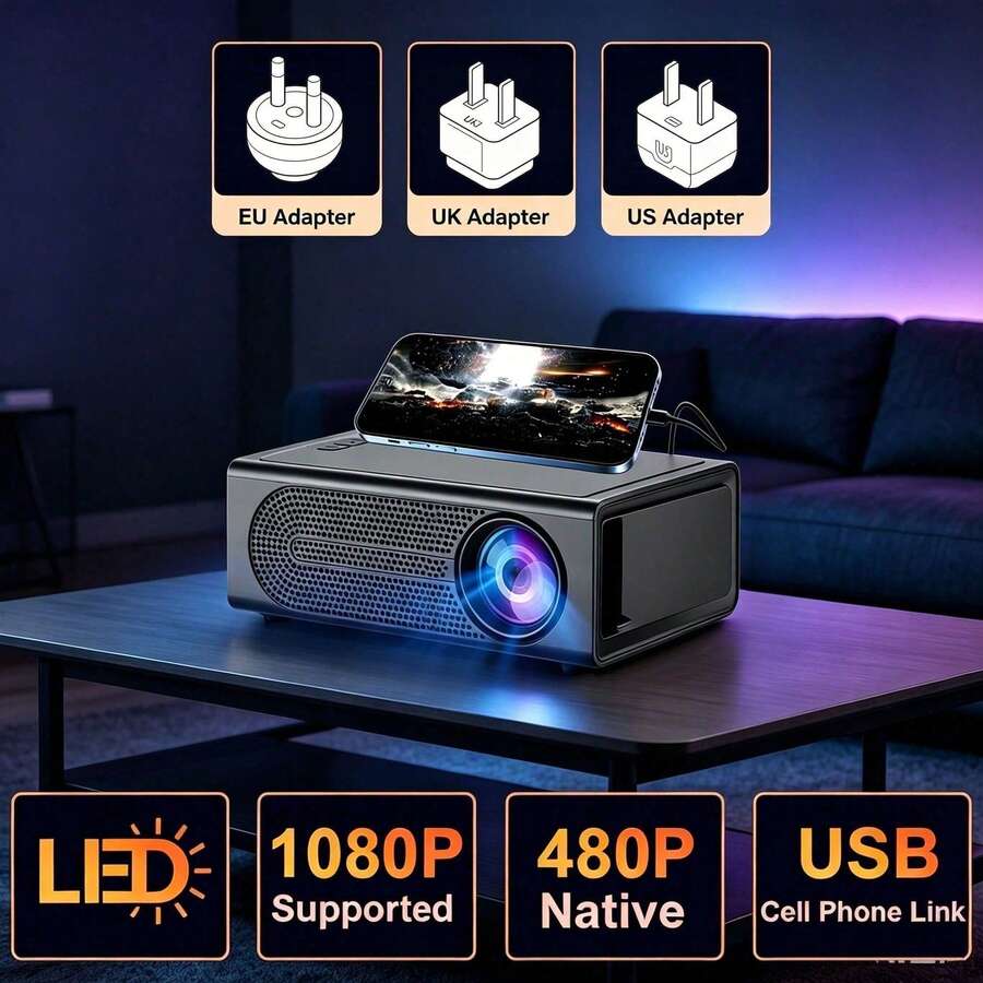 MOMAN 便攜式迷你 LED 投影機，有線 USB 手機螢幕鏡像，無需 WiFi 無線投影，原生 320*240P，1080P 解碼，EU/UK/US 插頭可選，適用於家庭劇院、派對、辦公室