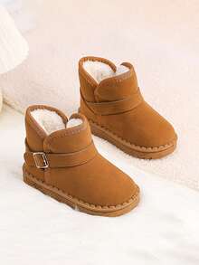 Solid Color Basic Kids Warm Snow Boots With Fleece Lining, Non-Slip Daily Outdoor Shoes For Boys And Girls - Brown - View 4