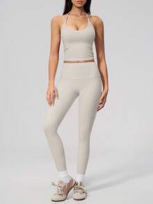 NcmRyu Women's One Set Solid Color Halter Tie U-Neck Backless Cropped Tank Top & High Waist Ankle Pants Sports Set - Grey - View 9