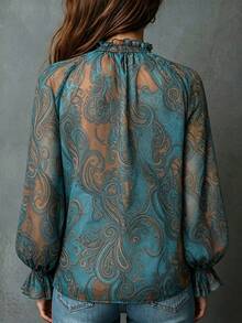 Vintage Paisley Cashew Flower Chiffon Tank Top Women, Bohemian Style Semi-Sheer Flowy Sleeveless Loose Blouse With All-Over Paisley Print And Ruffle Collar - Blue - View 2