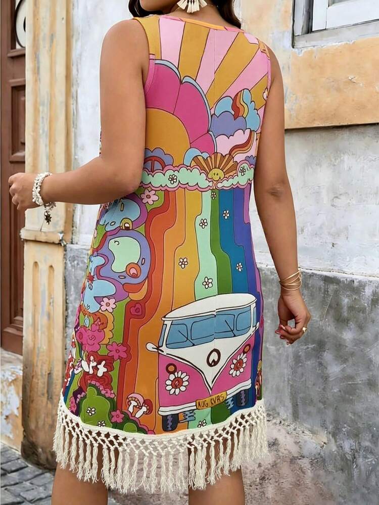 Plus Size Women Bohemian Style Sleeveless Round Neck Tassel Midi Dress, Summer Vacation Elegant - Multicolor - View 2