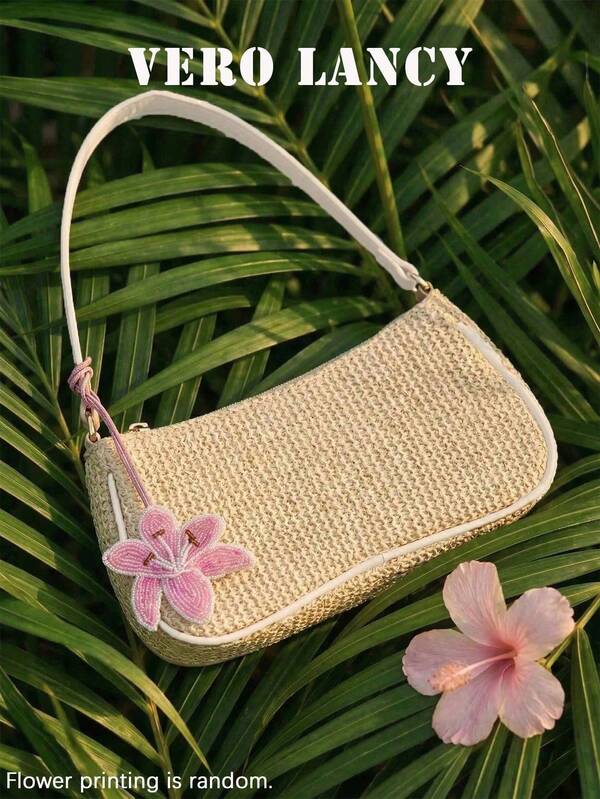 Sac à aisselle multifonctionnel bohème tressé pour femmes, bordure blanche, pendentif lys rose fait main avec perles, sac à bandoulière style vacances à la plage à la mode