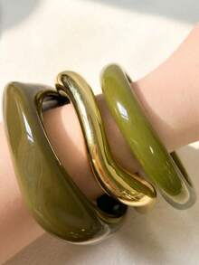 3pcs Vintage Artistic Resin Marbled Bracelets Women's Personalized Geometric Round Resin Bangles - Multicolor - View 5