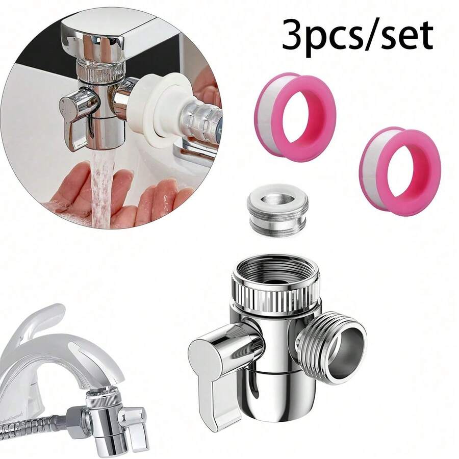 G1/2 Thread 3-Way Water Faucet Diverter Adapter, Includes 2 Silicone Washers, Quick Connect Water Diverter Switch, Suitable For Bidet Sprayer/Handheld Shower, Plated Universal Bathroom Sink Faucet Conversion Accessory - Silver - View 1