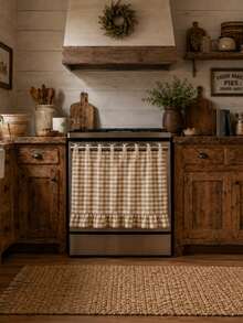 1pc Khaki & White Plaid Oven Curtain, 100% Polyester Yarn Dyed Fabric With Lace Tie Top And Ruffle Hem, Short Kitchen Tier Curtain, Oil-Resistant Decorative Cover, Suitable For Stove, Oven, Open Cabinet And Small Window, Farmhouse Home Decor (Rod Not Included) - Khaki - View 2