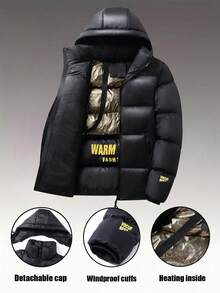 Herren Jacke in Schwarz & Gold, lässige Mode dicke, weite Kapuzenjacke für Paar, Herbst Winter - Schwarz - Übersicht 1