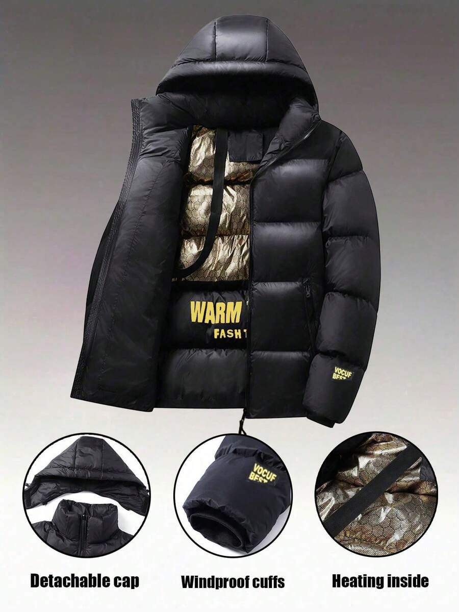 Herren Jacke in Schwarz & Gold, lässige Mode dicke, weite Kapuzenjacke für Paar, Herbst Winter - Schwarz - Übersicht 1