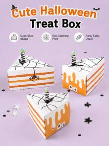 2 Peças Caixas de Lembrancinhas de Fatias de Bolo com Teia de Aranha Assustadora de Halloween, Caixas de Embalagem de Presente de Doces com Impressão de Vela de Morcego de Desenho Animado para Decoração de Lembrancinhas de Festa de Feriado (Caixas Reutilizáveis) - Multicolorido - Visão 3