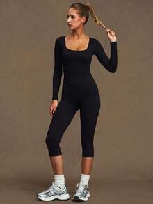 VVX Women's Capris Yoga Jumpsuit Square Neck Long Sleeve, Seamless Ribbed Tummy Control Solid Color Sportswear Workout Gym Jumpsuit Black - Black - View 6