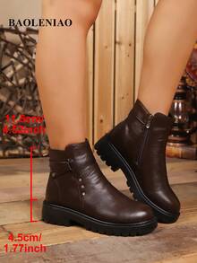 Women's Fashion Boots Solid Color Commute Elegant Side Zipper Ankle Boots Holiday Office Autumn/Winter Thermal Lined Warm Anti-Slip Thick Sole Comfortable Ankle Boots - Brown - View 6