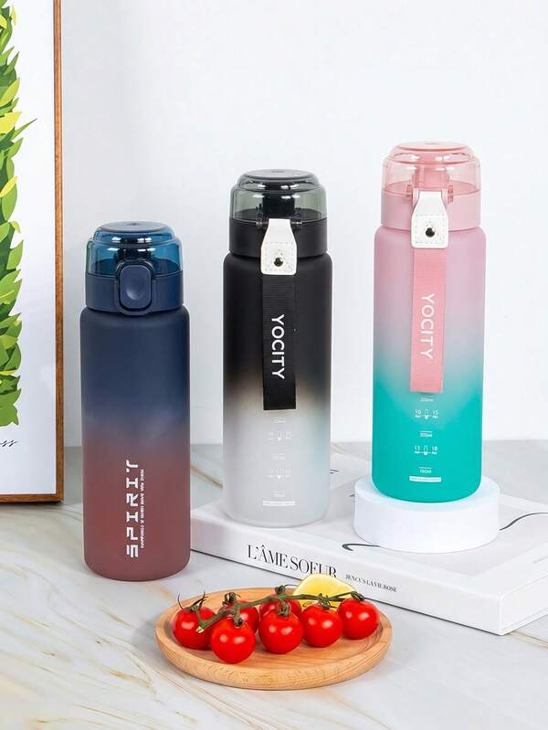 1pc 750ml Fashion Matte Gradient Large Capacity Sports Water Bottle, Leak-Proof Flip Lid, Durable And Shatter-Resistant, With Scale, Suitable For Outdoor Sports, Camping, Picnic And Back To School