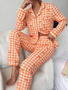 2 pezzi/Set Pigiama Autunno/Inverno con Stampa Fiocco a Quadri, Top a Maniche Lunghe con Colletto e Bottoni e Pantaloni Lunghi, Set da Notte e Abbigliamento da Casa per Donne - Arancione - Visualizzare 5