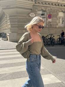 Senya 2026 Women's 2 Pieces Knit Set, Bandeau Top With Front-Open Loose Cardigan, Long Sleeve Y2K Fashion Casual Autumn/Winter Outfit - Olive Green - View 5