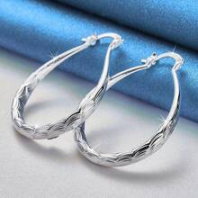 1Pair Fashion 925 Sterling Silver Plated 30MM U-Shape Earrings Wave Pattern Design For Women Wedding Party Gift Street Versatile Jewelry - Silver - View 1