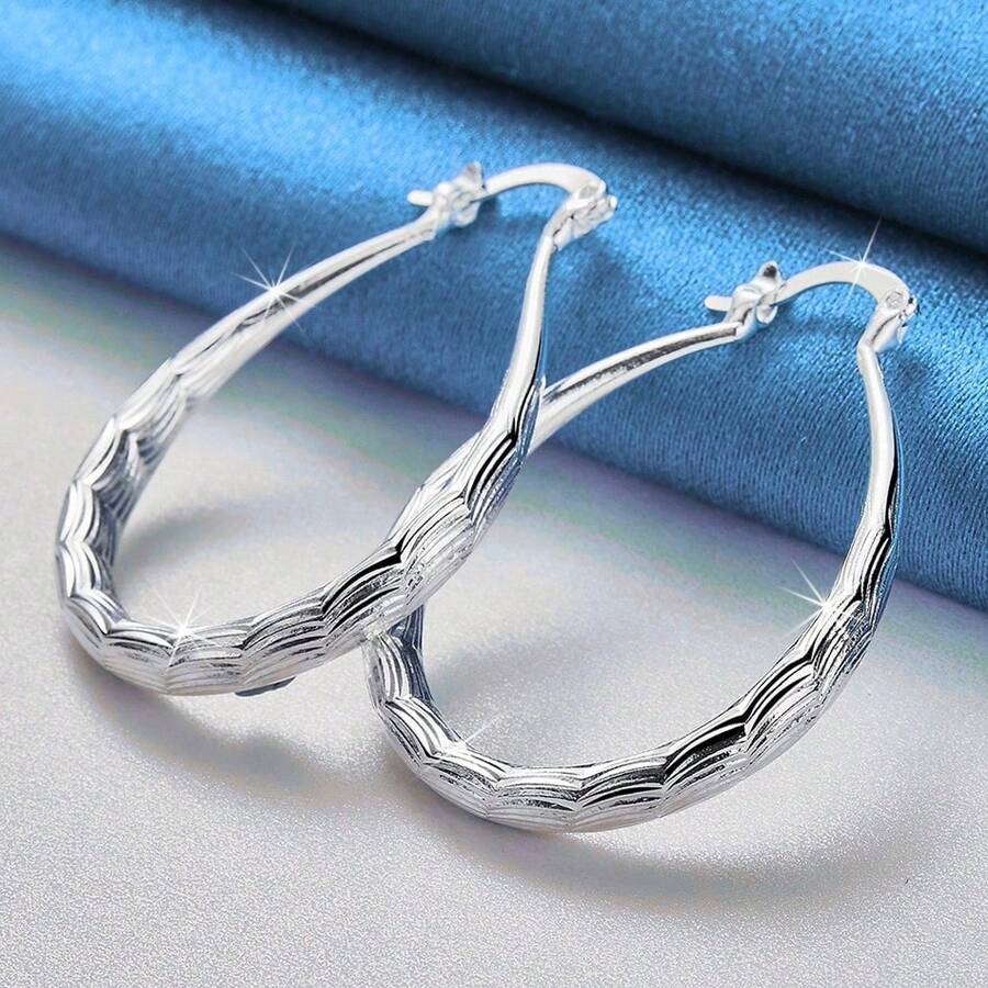 1Pair Fashion 925 Sterling Silver Plated 30MM U-Shape Earrings Wave Pattern Design For Women Wedding Party Gift Street Versatile Jewelry - Silver - View 1