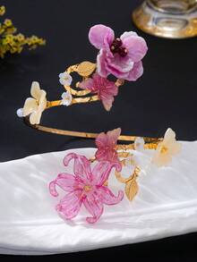 1件柔粉漸層花卉蝴蝶開口式手鐲，海灘度假仙女風花瓣手臂飾品 - 玫瑰紅 - 查看 4