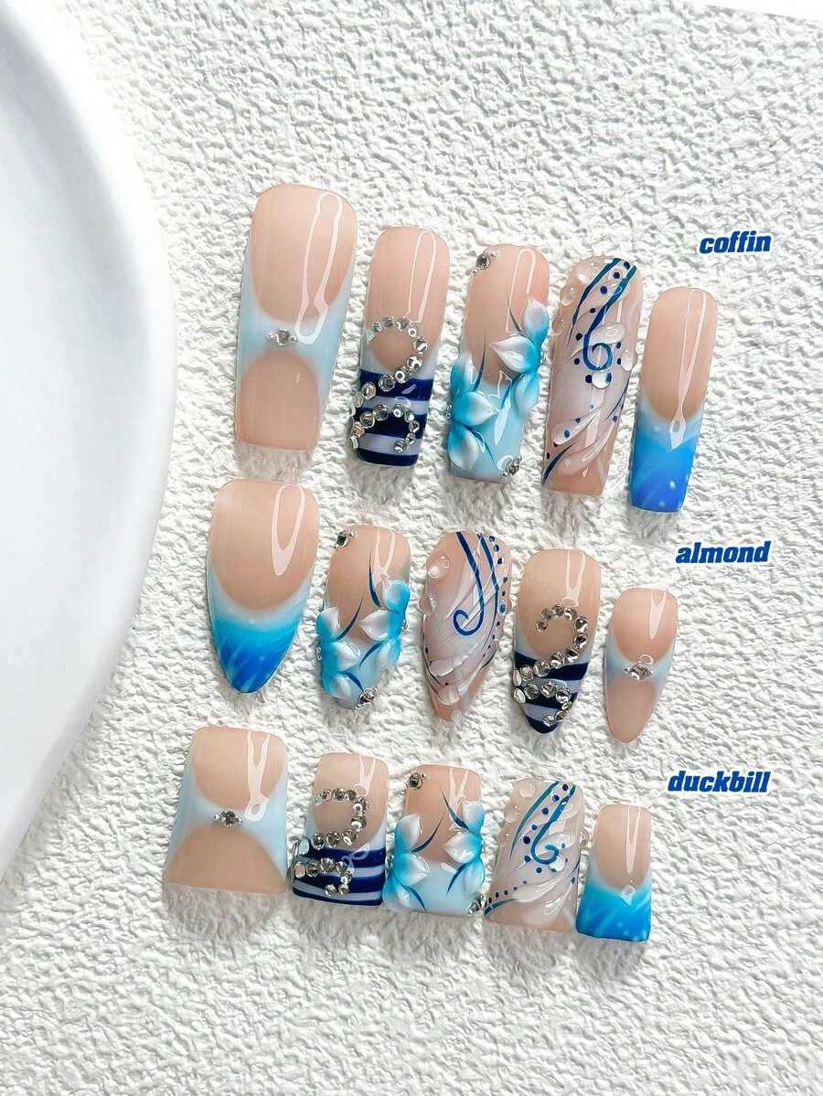 10片島嶼度假風手工穿戴甲,Polygel美甲套組,手工花卉細節,水滴形,藍白配色,休閒風,附美甲工具,3種尺寸可選,杏仁/鴨嘴/棺材形,適合派對、跳舞、日常配戴 - 彩色 - 查看 1