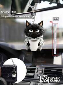 2D Flat Black Cat Holding Water Cup Pattern Keychain, Cute Pet Cat Keychain, Beautiful Fashionable Key Ring Wallet Handbag Decoration, Fashionable Cat Party Keychain, Novel Acrylic Design Key Ring Decoration, Durable And Lightweight, Suitable For Car Keychain, Phone Keychain, Backpack And Wallet Keychain Decoration - Can Be Used As Birthday Gift, Pet Lover Keychain Car Key Bag Pendant - One Size Fits All - View 2