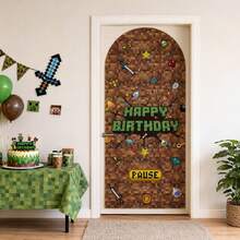1pc 30*70 Inch Pixel Theme Arch Backdrop, Polyester Arch Backdrop, Mosaic Arch Wall Decor, Elastic Photography Background, Party Decoration, Baby Birthday Banner Party Props - A - View 1