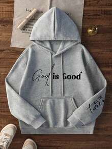 ZZG Es Trus 秋冬女款灰色大尺碼 Slay「God Is Good」字母印花 Y2K 抽繩連帽休閒街頭風運動衫 - 灰色 - 查看 3