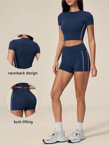 TimeOff Women's One Set Contrast Color Side Double Stripe Crew Neck Short Sleeve Butt-Lifting Shorts Sports Set - Navy Blue - View 10