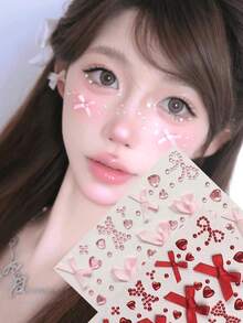 3D Satin Bow Face Gem Stickers, Heart Rhinestone Self Adhesive Eye Body Jewels, Cute Ribbon Bow Face Rhinestone Stickers For Festival Concert Makeup Decor - Multicolor - View 1