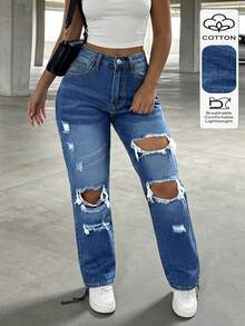 Celana Jeans Denim Kasual Wanita dengan Saku, Gaya Minimalis Eropa dan Amerika, Model Lurus dengan Efek Usang dan Pudar - Dark Wash - View 1