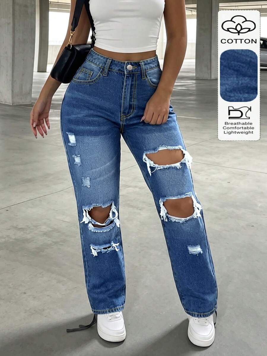 Celana Jeans Denim Kasual Wanita dengan Saku, Gaya Minimalis Eropa dan Amerika, Model Lurus dengan Efek Usang dan Pudar - Dark Wash - View 1