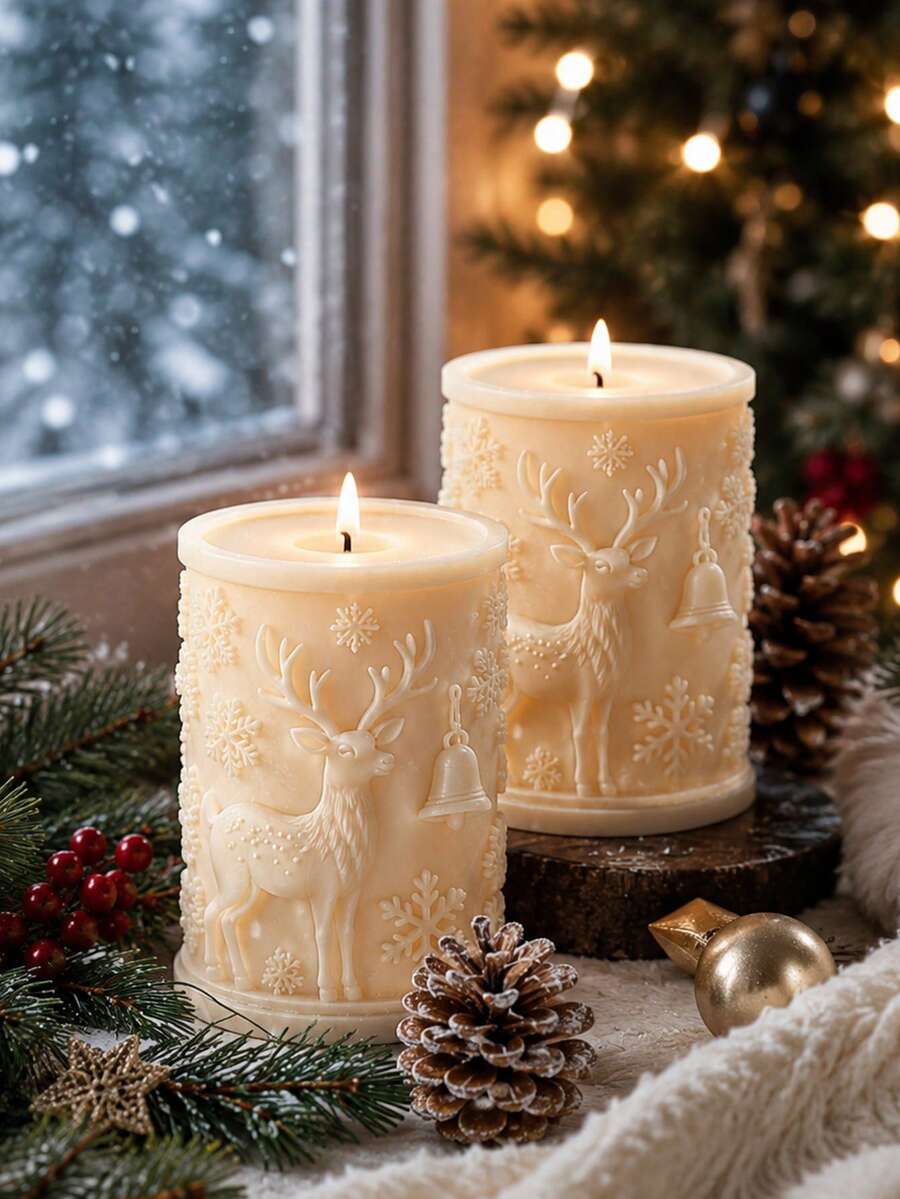 1pc 3D Reindeer Bell Snowflake Cylinder Silicone Candle Mold, All-Around Embossed Reindeer Bell + Large And Small Snowflake Column Style, Flexible, Heat-Resistant, Non-Stick, Easy Release, Reusable, Suitable For Aromatherapy Candles, Plaster, Clay, Cement, Epoxy Resin Casting, Winter Christmas Window Sill Decor, Holiday Handmade Gift Making Mold - Silicone Mold - View 1
