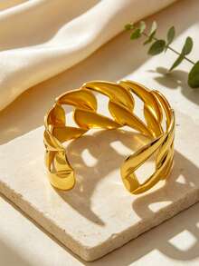 VceTd 1PC Women's Vintage Style Stainless Steel Open Cuff Bracelet With Large Chain Link Twisted Hollow Design, Suitable For Daily Wear, Vacation Or Holiday Gift For Friends - Yellow Gold - View 8