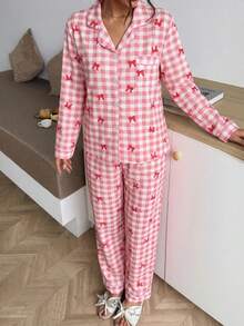 2pcs/Set American Plaid Bow Print Autumn/Winter Pajama Set, Lapel Button Long Sleeve Top And Pants, Women's Sleepwear Loungewear Set - Red - View 4