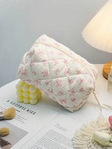Cute Bow Knot Makeup Bag, Bow Knot Pattern Toiletry Bag, Travel Storage Zipper Pouch, Quilted Makeup Bag, Fashionable Foldable Commuter Makeup Brush Storage Bag, Aesthetic Makeup Bag - A - View 7
