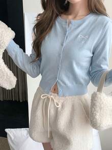 Autumn/Winter Korean Sweet Casual Style Bow Embroidery Knit Cardigan Women, Blue Preppy Style Cropped Top, Style Fall - Blue - View 7