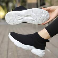 Women's Chunky Knit Thick Sole Sock Sneakers, Lightweight Slip-On, Street Style, Black/White - RS1600 Black and White - View 3