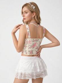 Aesletic JSE Blume Muster Kreuz-Schnürung Schleife Korsett Bustier Top - Gelb - Übersicht 2