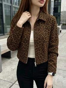 時尚豹紋女款拉鍊夾克，仿麂皮材質，翻領長袖，適合秋季度假的標準版型 - 彩色 - 查看 4