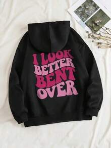 Look Better Bent Over - Felpa con Scritta Divertente da Donna, Stile Hip Hop, Ampia, con Cappuccio, Casual, Autunnale, Felpa con Cappuccio Foderata in Pelliccia, Moda, Taglie S-XXL - Bianco - Visualizzare 3