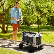 Carrinho de passeio 2 em 1 para cães, carrinho dobrável para cães e gatos para animais de estimação de até 10 kg, carrinho para gatos com almofadas, janelas de malha, portas, cesto de armazenamento, carrinho para gatos, verde escuro, On-Site - Marrom claro + tecido Oxford - Ver 2