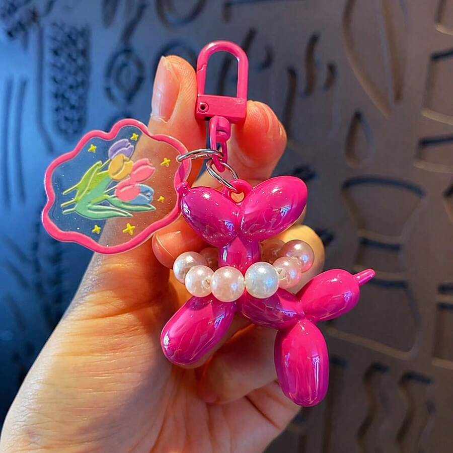 Cute Bubble Puppy Beaded Keychain D Ring Decorative Accessory 1PC - Hot Pink - View 1