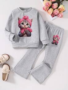 Tween Girl Cat Print Crew Neck Sweatshirt And Flare Pants Casual Set - Grey - View 1