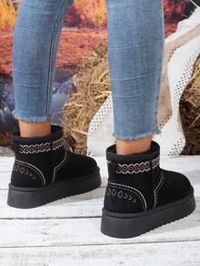 Women's Snow Boots, Anti-Slip Wear-Resistant Suede Embroidery Pattern Round Toe Short Shaft Thick Sole Snow Boots, Casual Bohemian Style, Autumn/Winter Camping Dating Home Outing Boots - Black - View 6