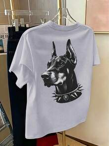 T-shirt casual da donna a maniche corte con stampe frontali e posteriori, caratterizzata da disegni di Doberman e cani polizia in stile Y2K. Vestibilità ampia, scollo rotondo, colo - Grigio - Visualizzare 3