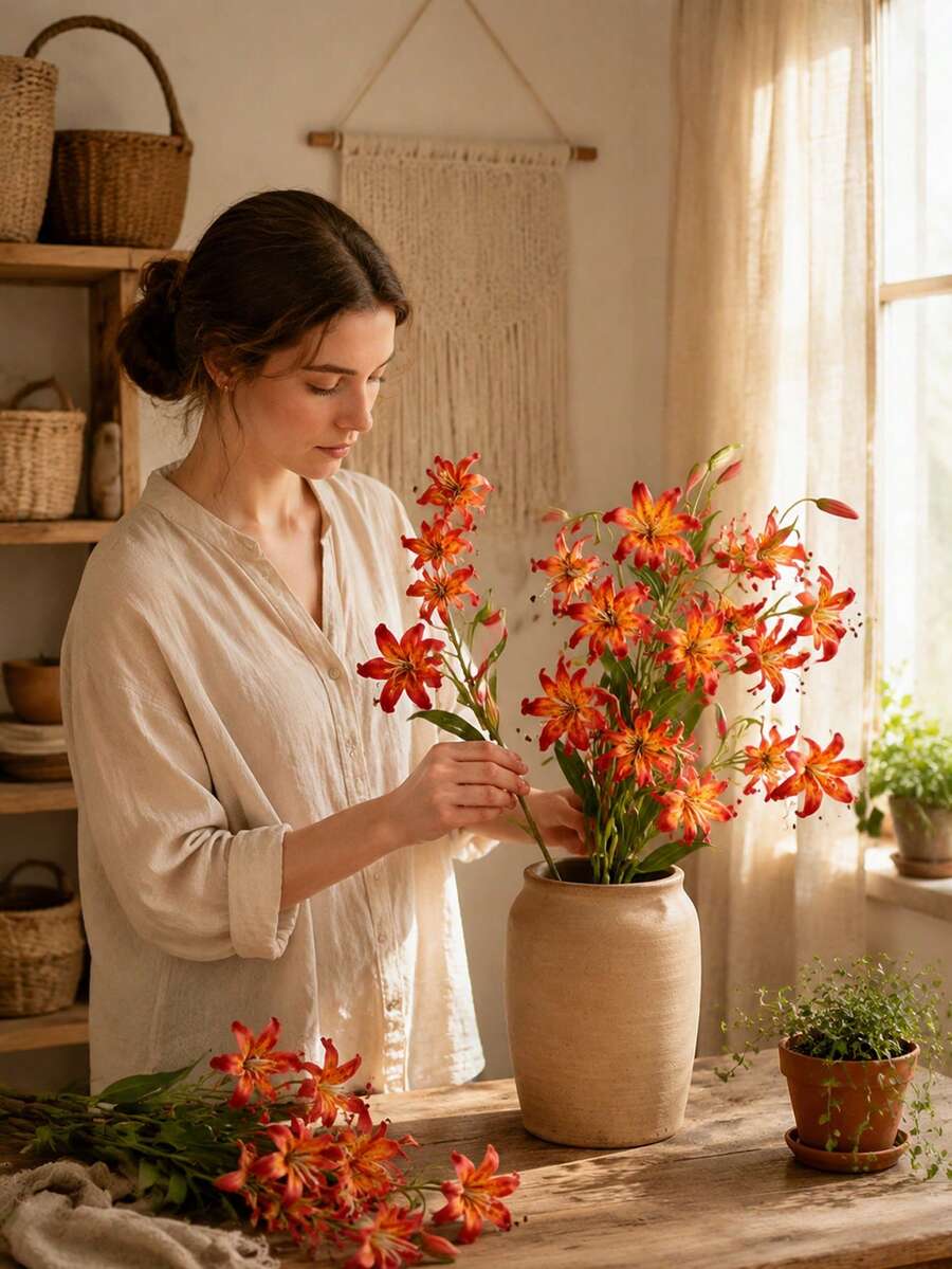 3/6Pcs Simulation Curly Petal Lily Fake Flowers, Curly Petal Faux Lily Bouquet, Fake Floral Arrangement For Home Dining Table Decor, Wedding Party & Hat DIY Craft Decor, Home Dining Table & Party Decor Arrangement - Red-orange - View 1