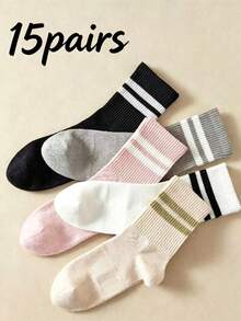 5pairs/Set Women's Two-Barrel Mid-Calf Socks, Multicolor, Fall - Multicolor - View 9