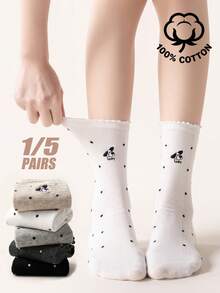 1/5 Pasang Kaos Kaki Wanita Katun Polkadot dengan Manset Berkerut, Kaos Kaki Tipis Bernapas untuk Musim Panas, Dapat Ditumpuk, Panjang Setengah Betis, Kaos Kaki Kasual Harian Lembut dan Lucu dengan Motif Kartun - MultiWarna - View 1
