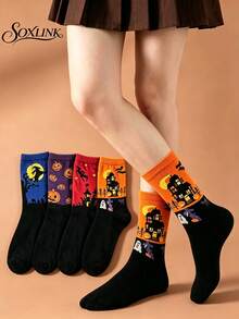 4 Pairs Women's Halloween Mid-Calf Socks, Autumn Pumpkin Ghost Witch Pattern Casual Party Socks, Girls Halloween Gift Student Socks - Multicolor - View 2